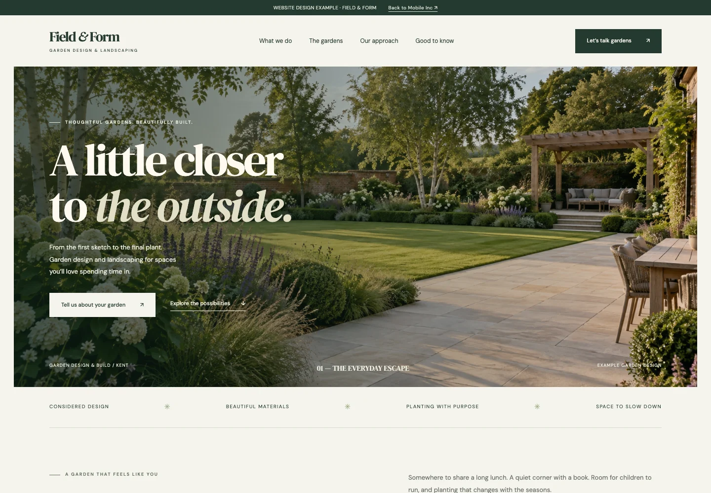 Field and Form landscaping concept with elegant typography and a garden photograph