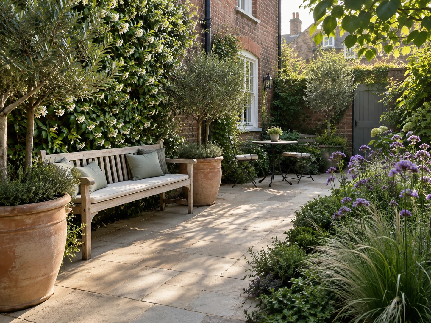 A leafy brick-walled courtyard with terracotta pots and a timber bench