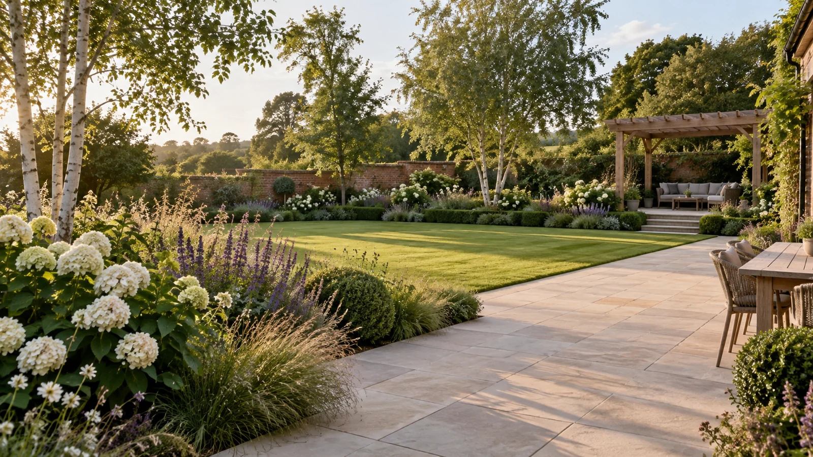 Illustrative English garden with limestone paving, layered planting and a timber pergola