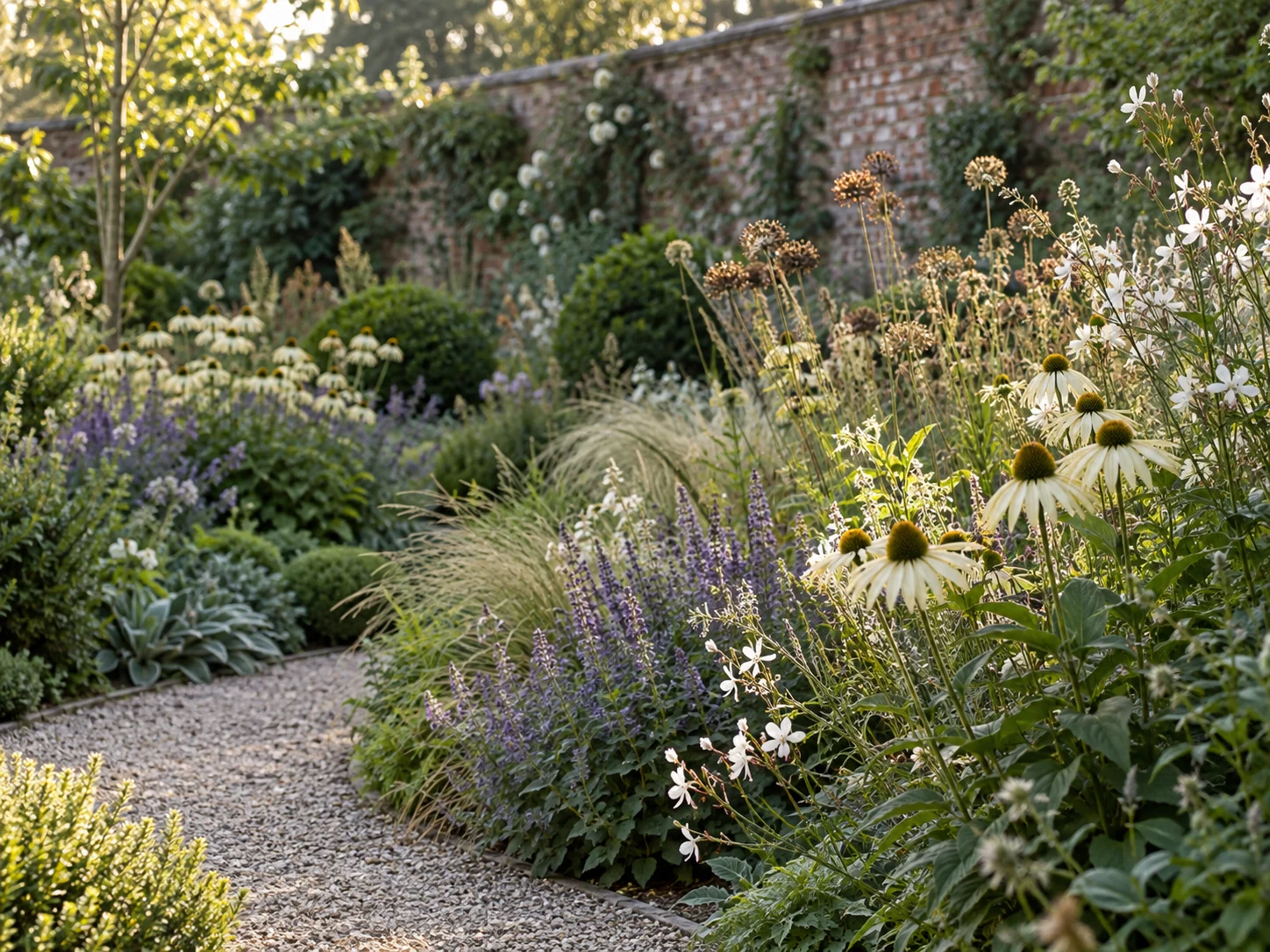 Soft natural planting with ornamental grasses and white flowers